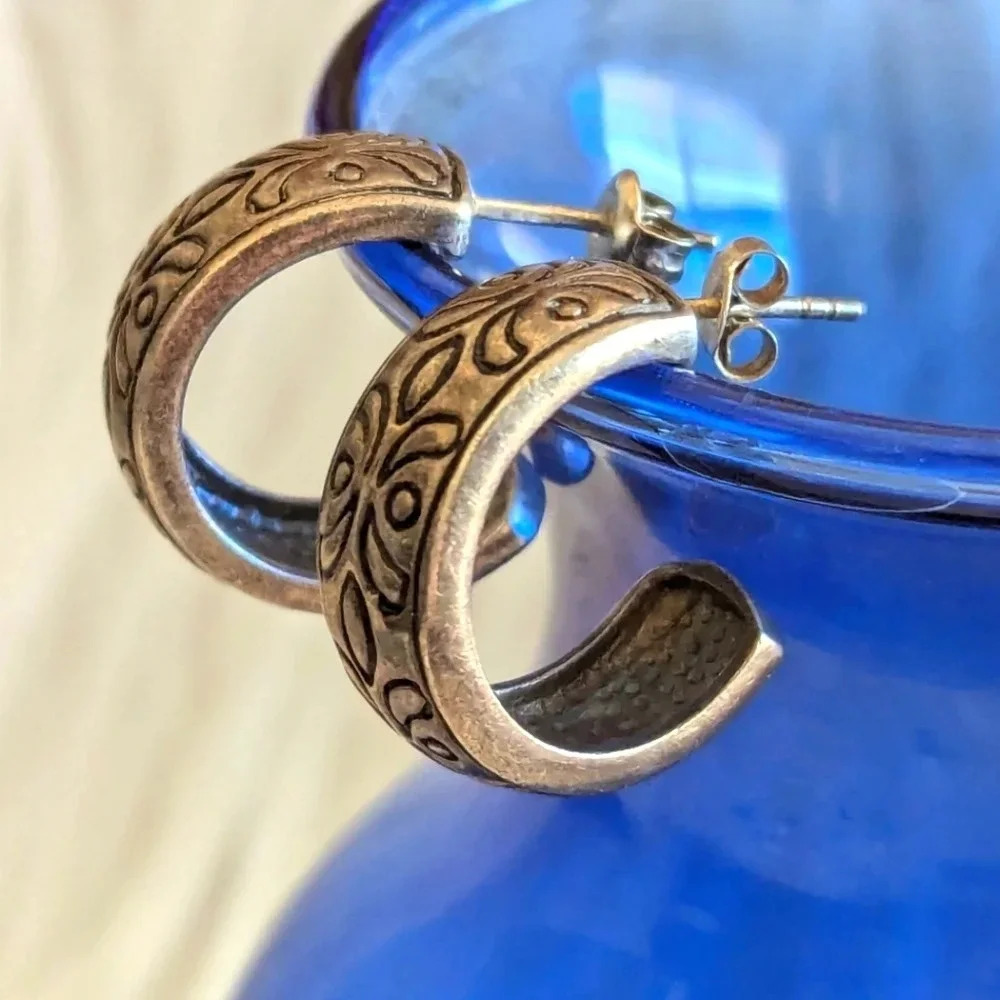 Sterling Filigree Chunky Earrings- Hoops- 925 Silver floral design Vintage